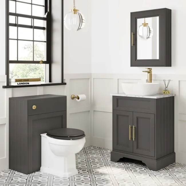 Lucia Graphite Grey Vanity with Marble Top & Curved Counter Top Basin 640mm - Brass Knurled Handles