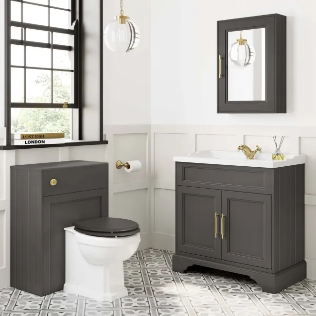 Lucia Graphite Grey Basin Vanity 830mm - Brass Knurled Handles