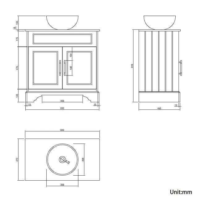 Lucia Graphite Grey Vanity with Oak Effect Top & Round Counter Top Basin 840mm - Brass Knurled Handles
