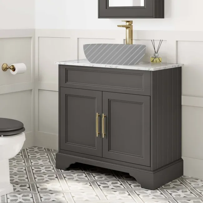 Lucia Graphite Grey Cabinet with Marble Top 840mm (Excludes Counter Top Basin) - Brass Knurled Handles