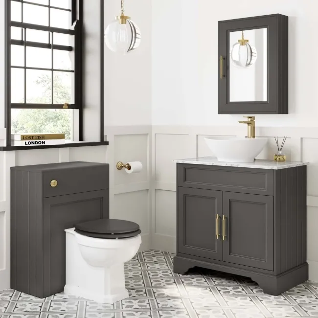 Lucia Graphite Grey Vanity with Marble Top & Oval Counter Top Basin 840mm - Brass Knurled Handles