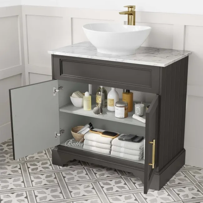 Lucia Graphite Grey Vanity with Marble Top & Oval Counter Top Basin 840mm - Brass Knurled Handles