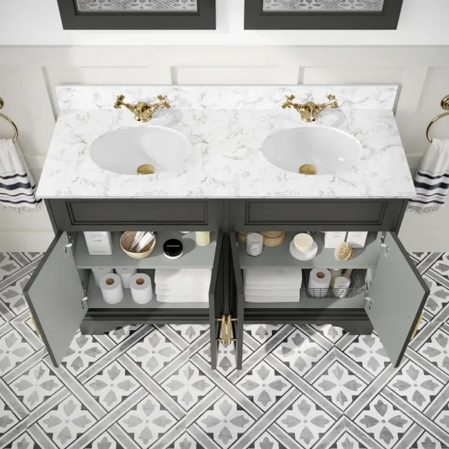 Lucia Graphite Grey Double Vanity with Marble Top & Undermount Basins 1200mm - Brass Knurled Handles