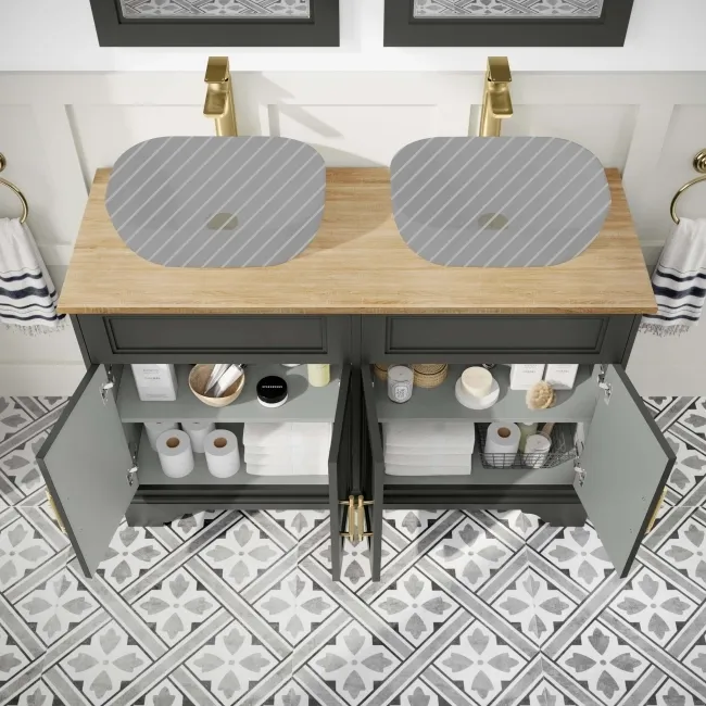 Lucia Graphite Grey Cabinet with Oak Effect Top 1200mm (Excludes Counter Top Basins) - Brass Knurled Handles