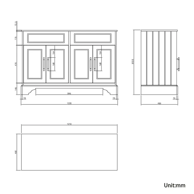 Lucia Graphite Grey Cabinet with Marble Top 1200mm (Excludes Counter Top Basins) - Brass Knurled Handles
