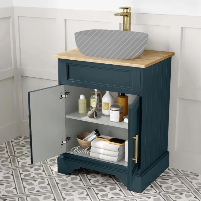 Lucia Inky Blue Cabinet with Oak Effect Top 640mm (Excludes Counter Top Basin) - Brass Knurled Handles