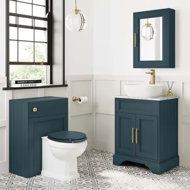 Lucia Inky Blue Vanity with Marble Top & Curved Counter Top Basin 640mm - Brass Knurled Handles