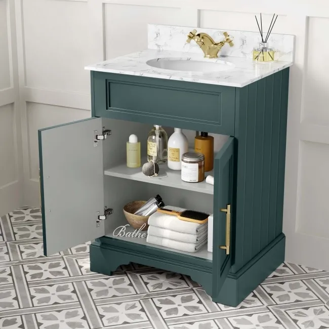 Lucia Midnight Green Vanity with Marble Top & Undermount Basin 630mm - Brass Knurled Handles