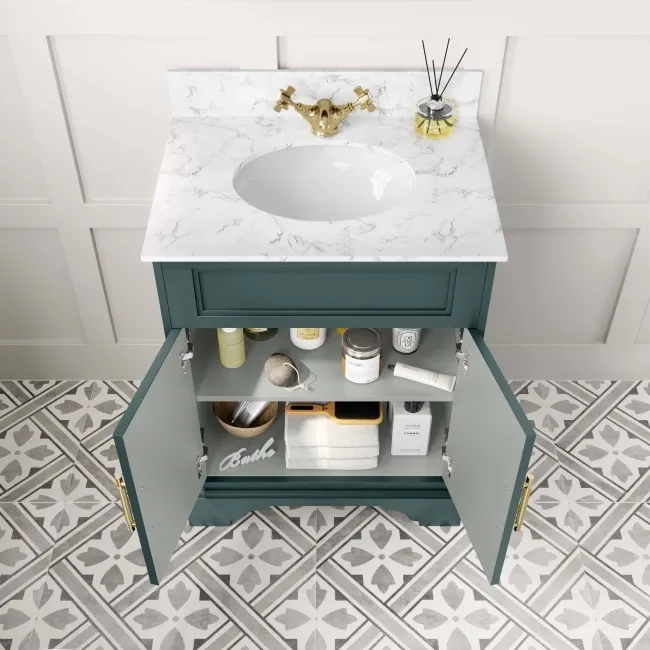 Lucia Midnight Green Vanity with Marble Top & Undermount Basin 630mm - Brass Knurled Handles