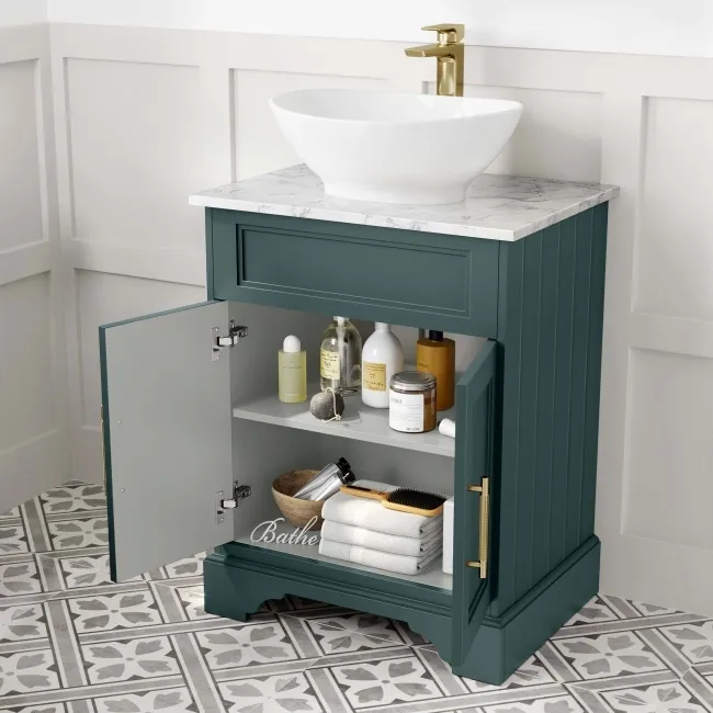 Lucia Midnight Green Vanity with Marble Top & Oval Counter Top Basin 640mm - Brass Knurled Handles