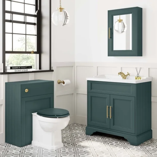 Lucia Midnight Green Basin Vanity 830mm - Brass Knurled Handles