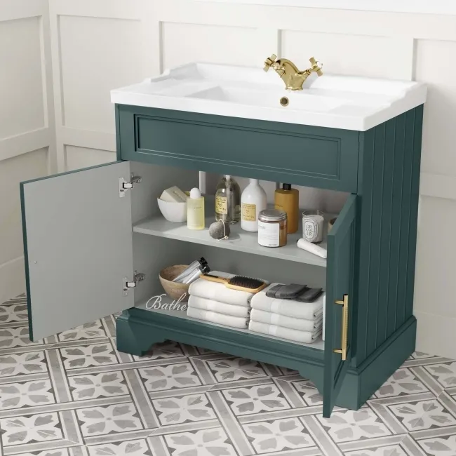 Lucia Midnight Green Basin Vanity 830mm - Brass Knurled Handles