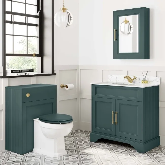 Lucia Midnight Green Vanity with Marble Top & Undermount Basin 830mm - Brass Knurled Handles