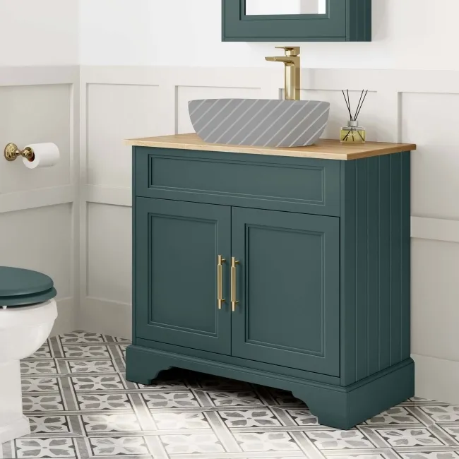 Lucia Midnight Green Cabinet with Oak Effect Top 840mm (Excludes Counter Top Basin) - Brass Knurled Handles