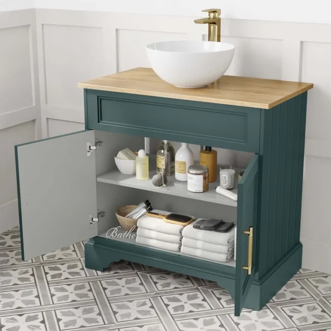 Lucia Midnight Green Vanity with Oak Effect Top & Round Counter Top Basin 840mm - Brass Knurled Handles