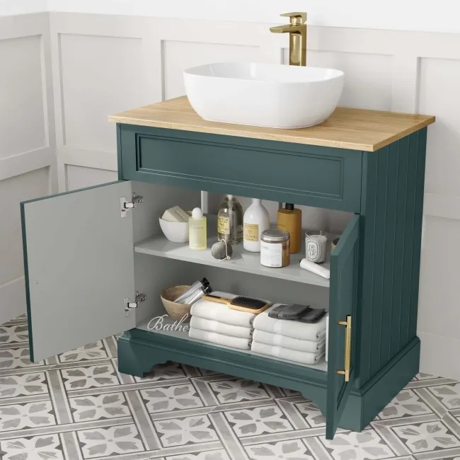 Lucia Midnight Green Vanity with Oak Effect Top & Curved Counter Top Basin 840mm - Brass Knurled Handles