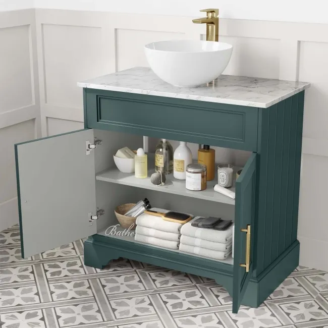 Lucia Midnight Green Vanity with Marble Top & Round Counter Top Basin 840mm - Brass Knurled Handles