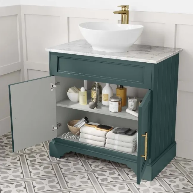 Lucia Midnight Green Vanity with Marble Top & Oval Counter Top Basin 840mm - Brass Knurled Handles