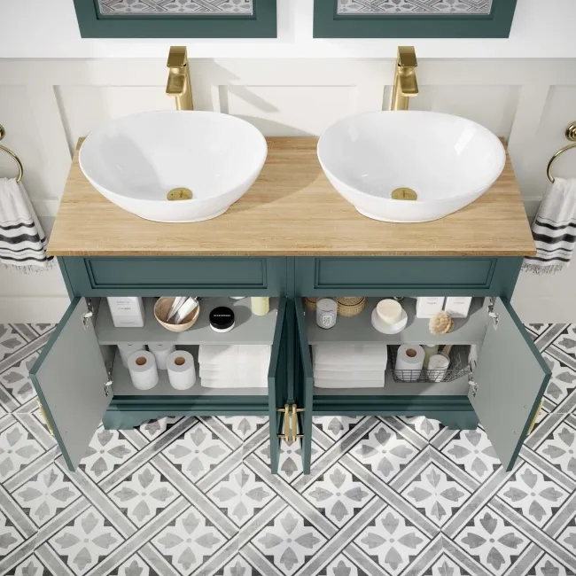 Lucia Midnight Green Double Vanity with Oak Effect Top & Oval Counter Top Basin 1200mm - Brass Knurled Handles