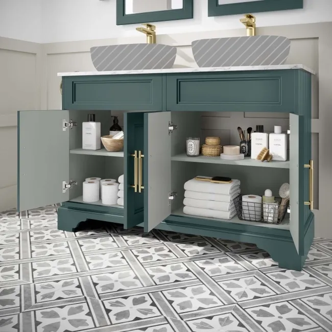Lucia Midnight Green Cabinet with Marble Top 1200mm (Excludes Counter Top Basins) - Brass Knurled Handles