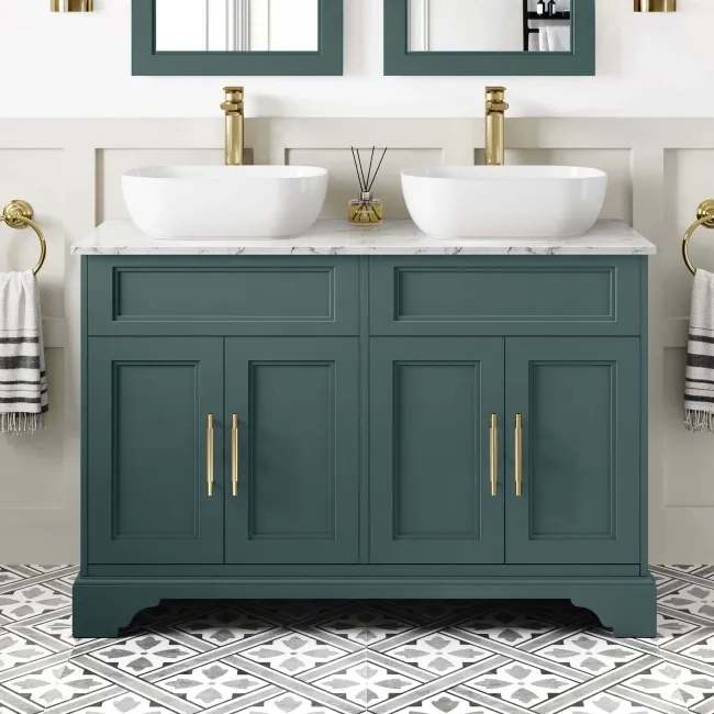 Lucia Midnight Green Double Vanity with Marble Top & Curved Counter Top Basin 1200mm - Brass Knurled Handles