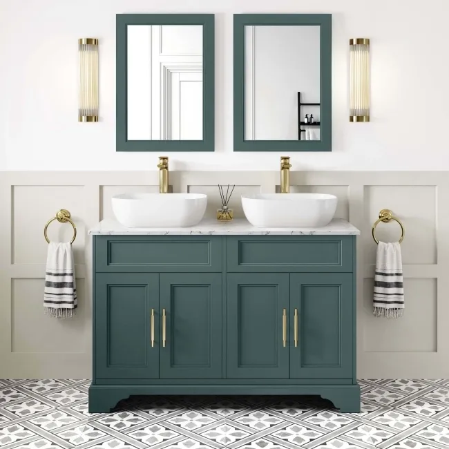 Lucia Midnight Green Double Vanity with Marble Top & Curved Counter Top Basin 1200mm - Brass Knurled Handles
