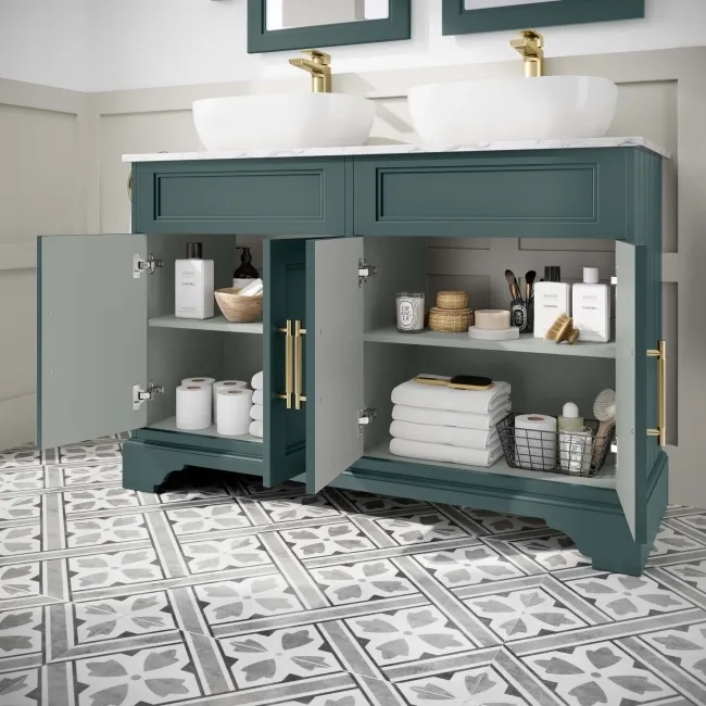 Lucia Midnight Green Double Vanity with Marble Top & Curved Counter Top Basin 1200mm - Brass Knurled Handles