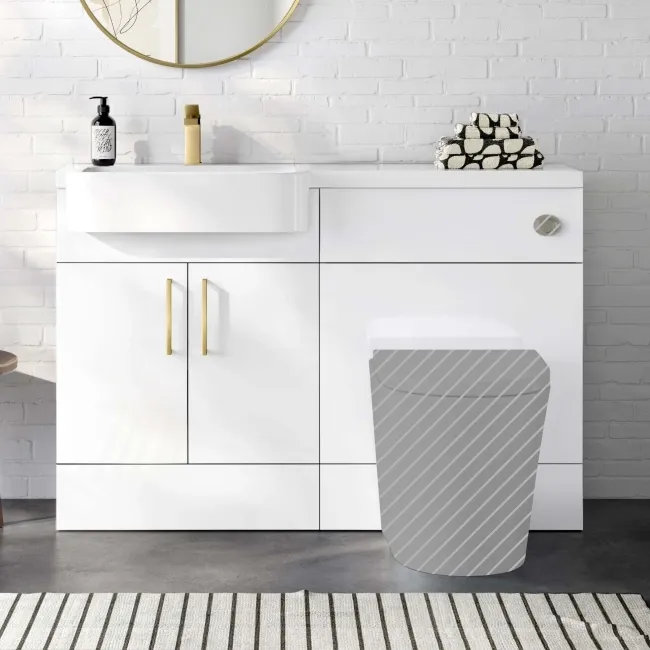 Harper Gloss White Basin Vanity and Back To Wall Toilet Unit 1200mm (Excludes Toilet) - Brushed Brass Accents - Left Handed