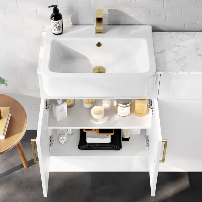 Harper Gloss White Basin Vanity with Marble Top & Back To Wall Unit 1200mm (Excludes Toilet) - Brushed Brass Accents