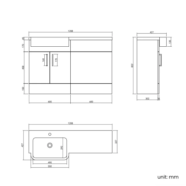 Harper Stone Grey Basin Vanity and Back To Wall Toilet Unit 1200mm (Excludes Toilet) - Brushed Brass Accents - Left Handed