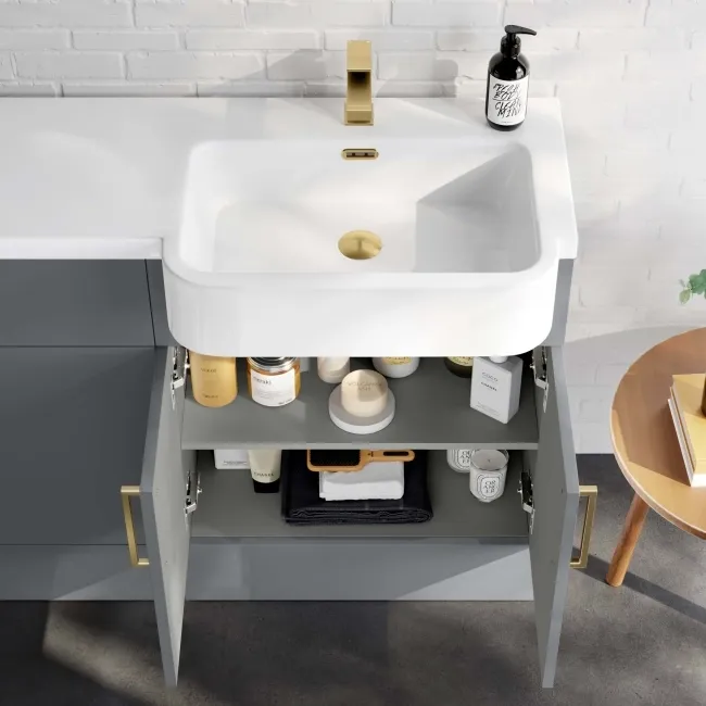 Harper Stone Grey Basin Vanity and Back To Wall Toilet Unit 1200mm (Excludes Toilet) - Brushed Brass Accents - Right Handed