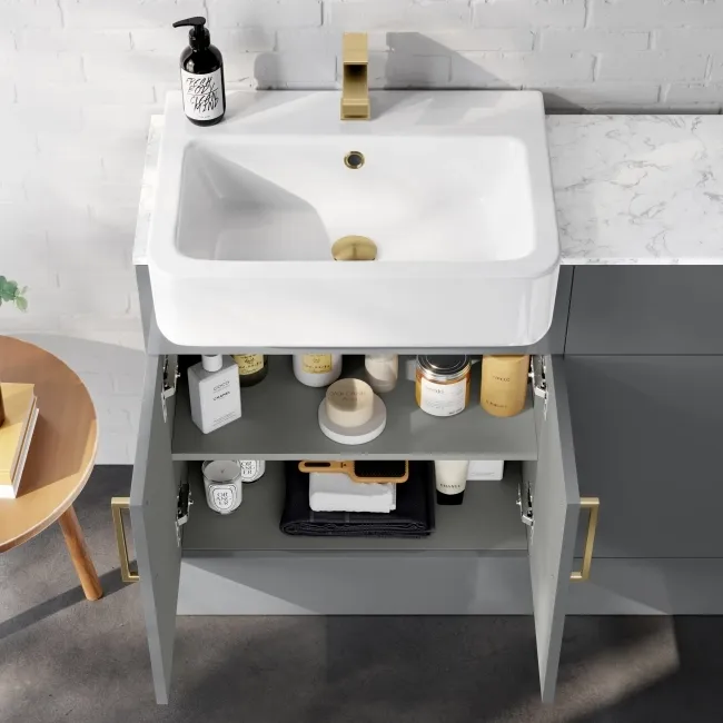 Harper Stone Grey Basin Vanity with Marble Top & Back To Wall Unit 1200mm (Excludes Toilet) - Brushed Brass Accents