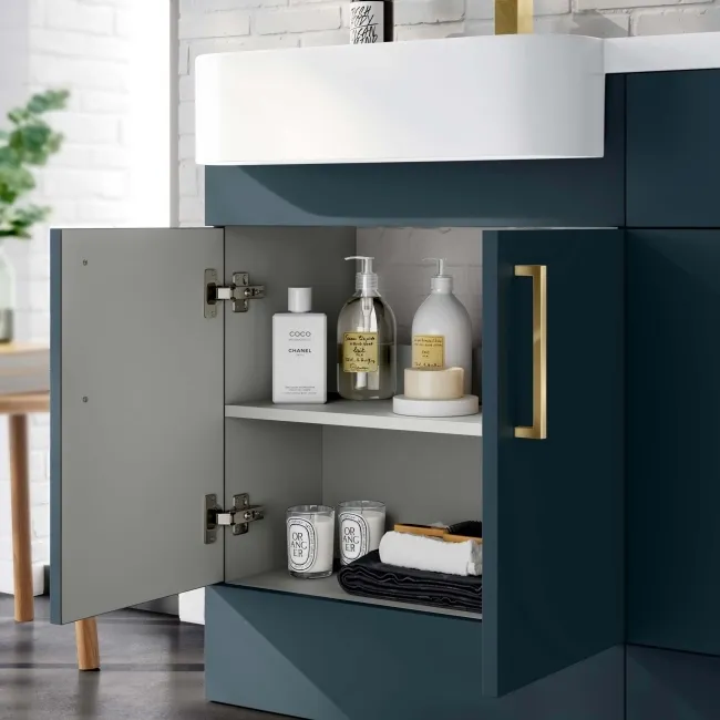 Harper Navy Blue Basin Vanity and Back To Wall Toilet Unit 1200mm (Excludes Toilet) - Brushed Brass Accents - Left Handed