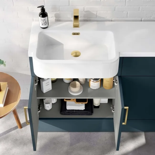 Harper Navy Blue Basin Vanity and Back To Wall Toilet Unit 1200mm (Excludes Toilet) - Brushed Brass Accents - Left Handed
