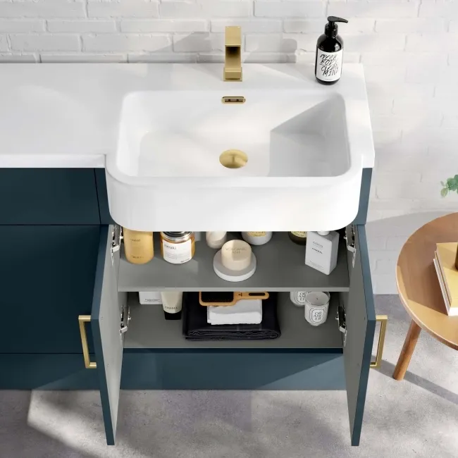 Harper Navy Blue Basin Vanity and Back To Wall Toilet Unit 1200mm (Excludes Toilet) - Brushed Brass Accents - Right Handed