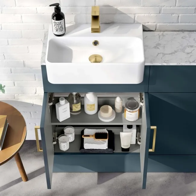 Harper Navy Blue Basin Vanity with Marble Top & Back To Wall Unit 1000mm (Excludes Toilet) - Brushed Brass Accents