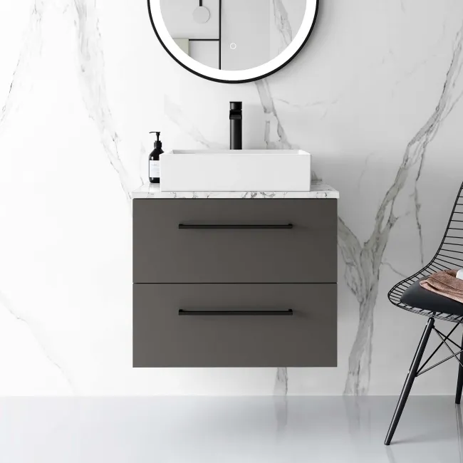 Elba Graphite Grey Wall Hung Drawer Vanity with Marble Top & Cody Basin 600mm - Black Accents