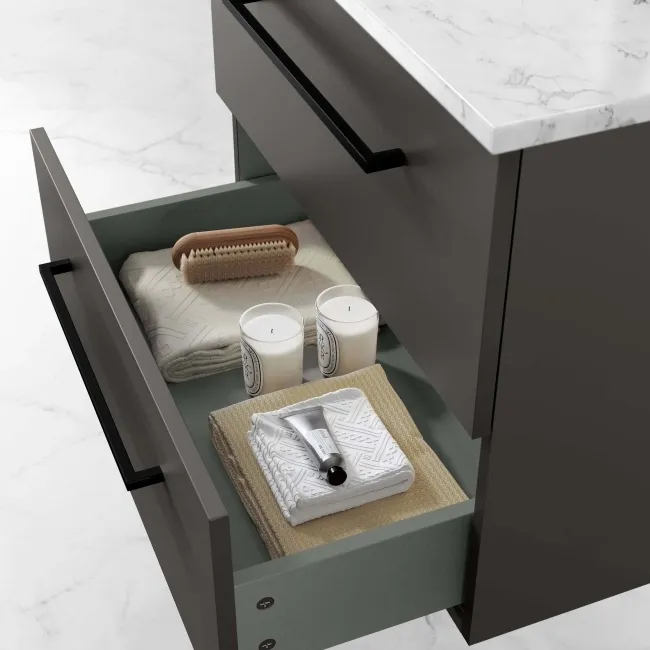 Elba Graphite Grey Wall Hung Drawer Vanity with Marble Top & Cody Basin 600mm - Black Accents