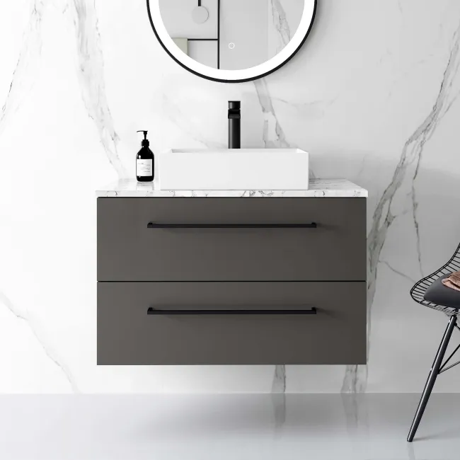 Elba Graphite Grey Wall Hung Drawer Vanity with Marble Top & Cody Basin 800mm - Black Accents