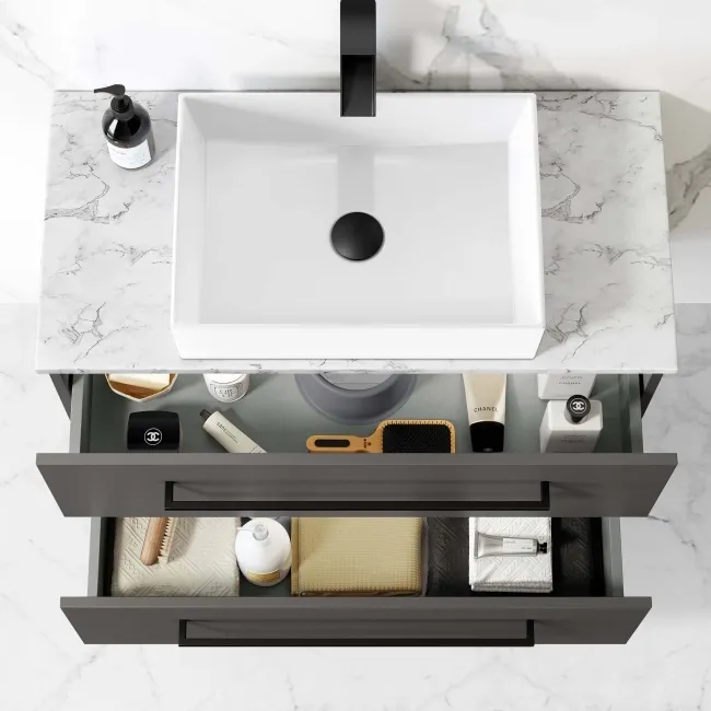 Elba Graphite Grey Wall Hung Drawer Vanity with Marble Top & Cody Basin 800mm - Black Accents