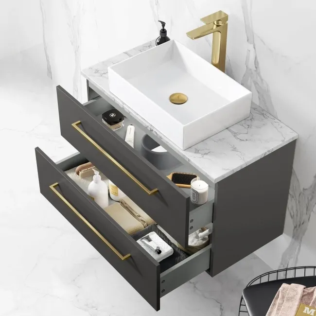 Elba Graphite Grey Wall Hung Drawer Vanity with Marble Top & Cody Basin 800mm - Brushed Brass Accents