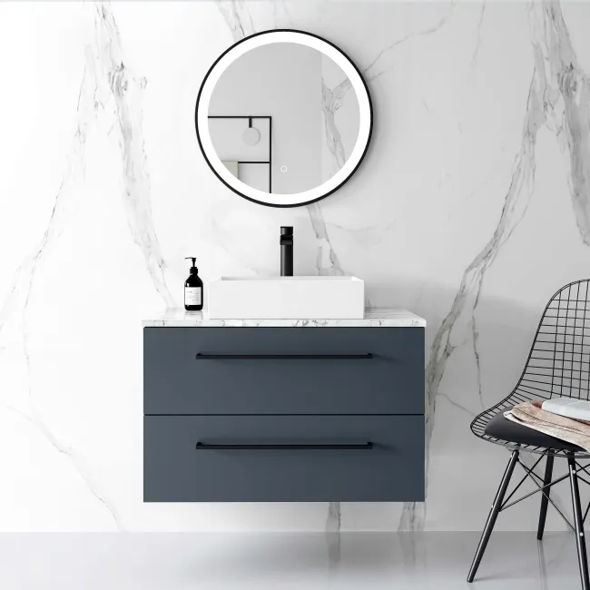 Elba Inky Blue Wall Hung Drawer Vanity with Marble Top & Cody Basin 800mm - Black Accents