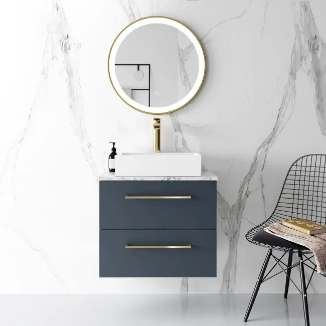 Elba Inky Blue Wall Hung Drawer Vanity with Marble Top & Cody Basin 600mm - Brushed Brass Accents