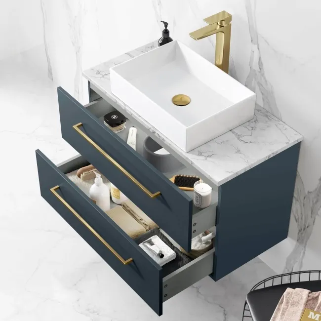 Elba Inky Blue Wall Hung Drawer Vanity with Marble Top & Cody Basin 800mm - Brushed Brass Accents