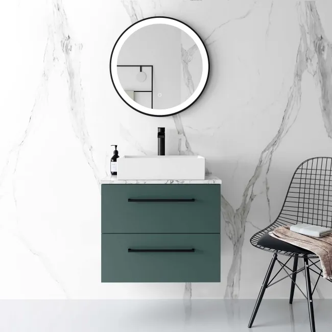 Elba Midnight Green Wall Hung Drawer Vanity with Marble Top & Cody Basin 600mm - Black Accents