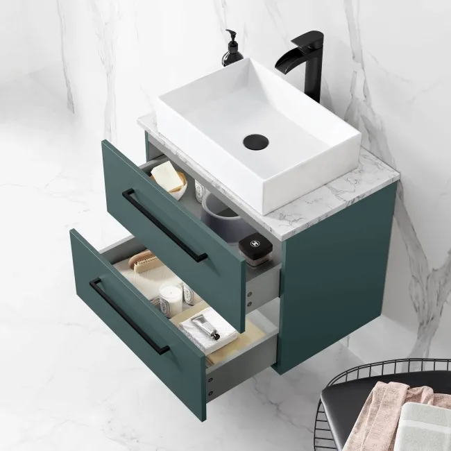 Elba Midnight Green Wall Hung Drawer Vanity with Marble Top & Cody Basin 600mm - Black Accents
