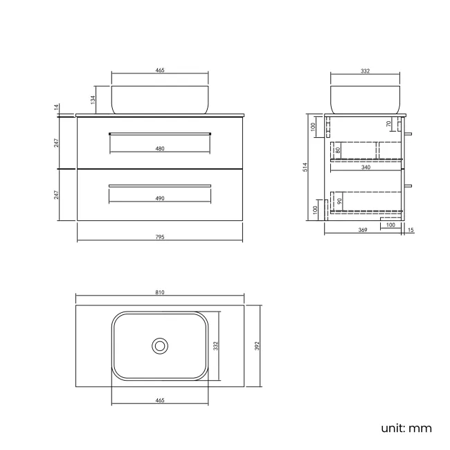 Elba Midnight Green Wall Hung Drawer Vanity with Marble Top & Curved Counter Top Basin 800mm - Black Accents