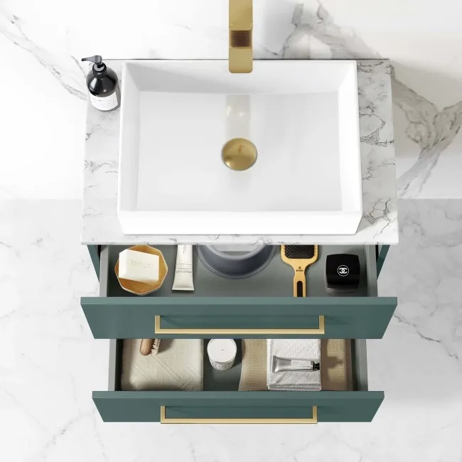 Elba Midnight Green Wall Hung Drawer Vanity with Marble Top & Cody Basin 600mm - Brushed Brass Accents