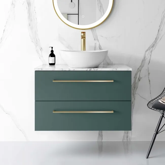 Elba Midnight Green Wall Hung Drawer Vanity with Marble Top & Oval Counter Top Basin 800mm - Brushed Brass Accents