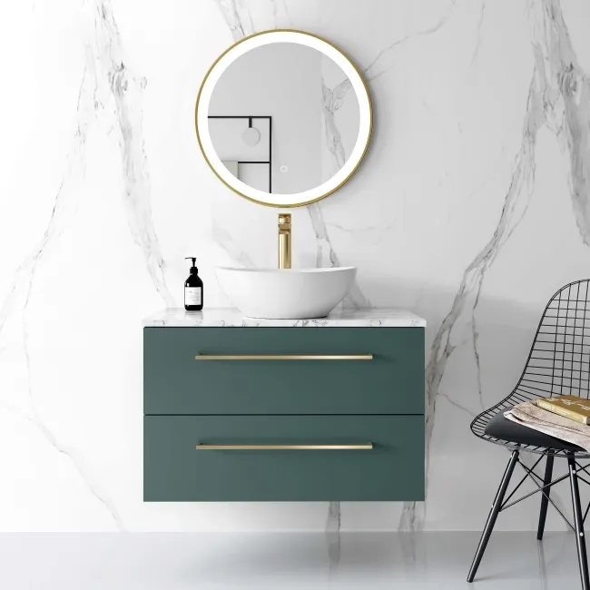 Elba Midnight Green Wall Hung Drawer Vanity with Marble Top & Oval Counter Top Basin 800mm - Brushed Brass Accents